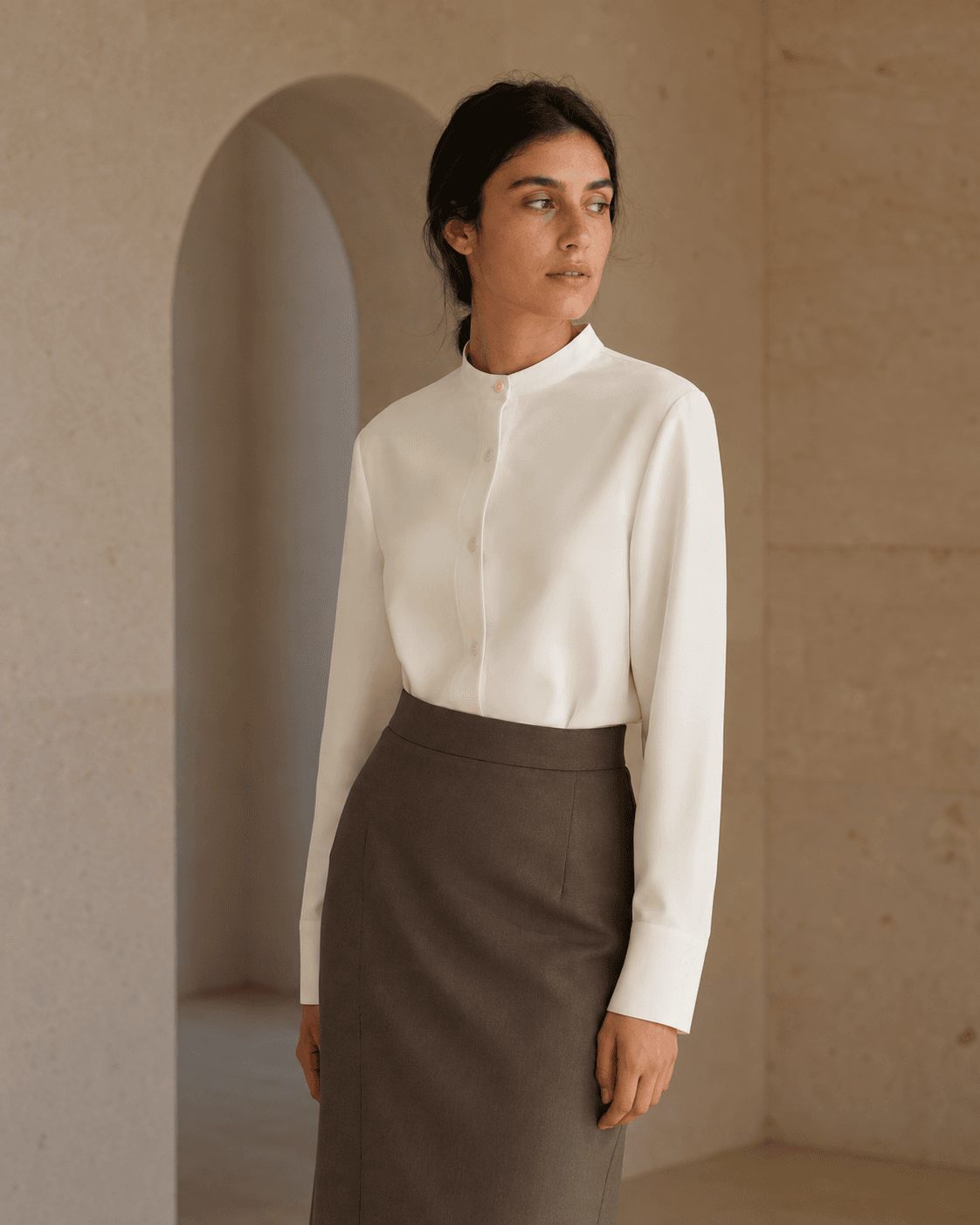 Ivory high-neck long-sleeve shirt